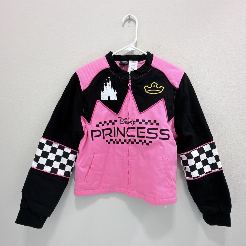 Disney Pink Black Racing Princess Castle Jacket Girls Large Her Universe NWT